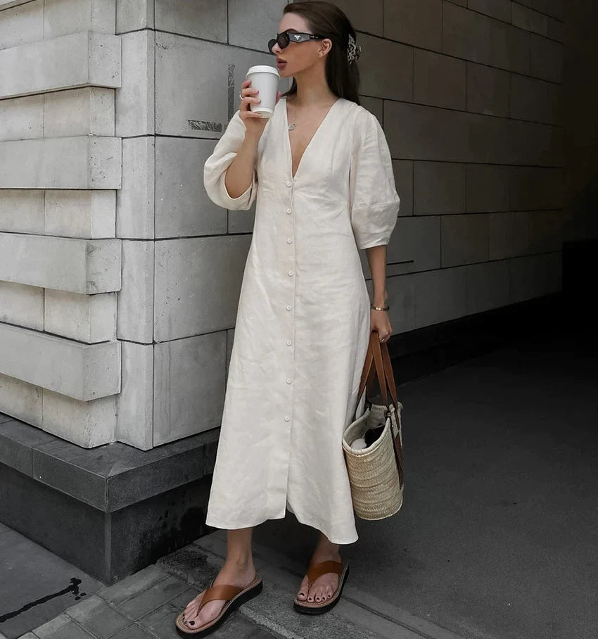 Casual Dresses- Solid A-Line Button-Up Midi Dress in Solid Cotton Linen- - Pekosa Women Fashion