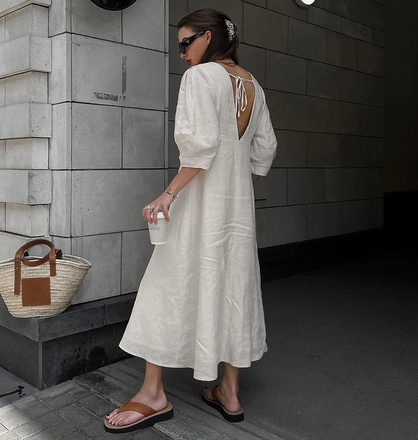 Casual Dresses- Solid A-Line Button-Up Midi Dress in Solid Cotton Linen- - Pekosa Women Fashion