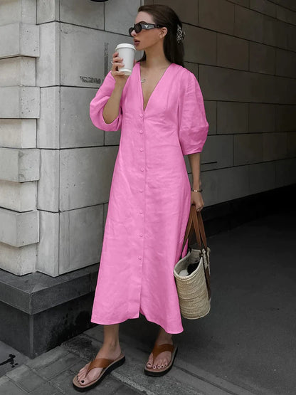 Casual Dresses- Solid A-Line Button-Up Midi Dress in Solid Cotton Linen- pink- Pekosa Women Fashion