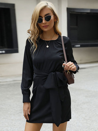 Casual Dresses- Solid Bowknot Waist Mini Dress with Long Sleeves- Black- Pekosa Women Clothing