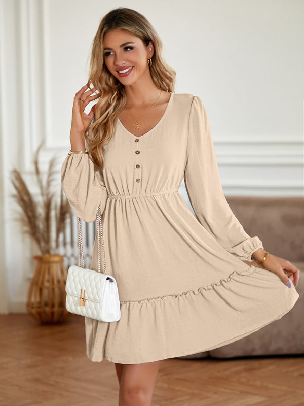Casual Dresses- Solid Long Sleeve A-Line Dress with Gathered Waist- - Pekosa Women Clothing