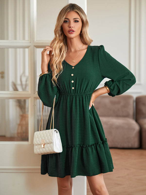 Casual Dresses- Solid Long Sleeve A-Line Dress with Gathered Waist- - Pekosa Women Clothing