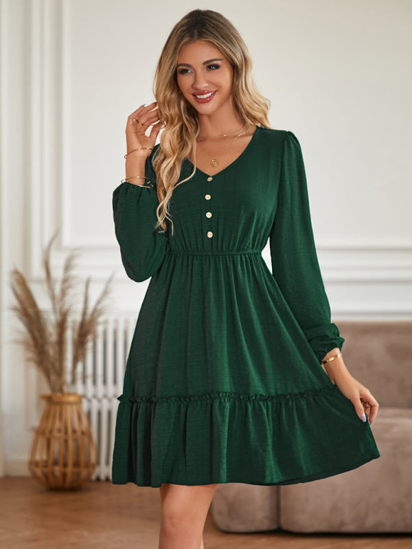 Casual Dresses- Solid Long Sleeve A-Line Dress with Gathered Waist- - Pekosa Women Clothing