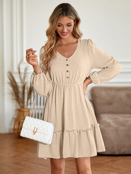 Casual Dresses- Solid Long Sleeve A-Line Dress with Gathered Waist- - Pekosa Women Clothing