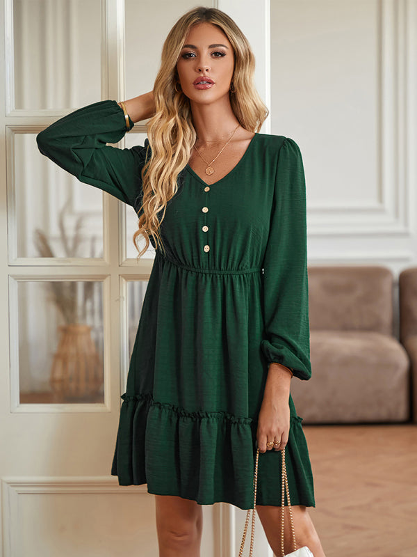 Casual Dresses- Solid Long Sleeve A-Line Dress with Gathered Waist- - Pekosa Women Clothing