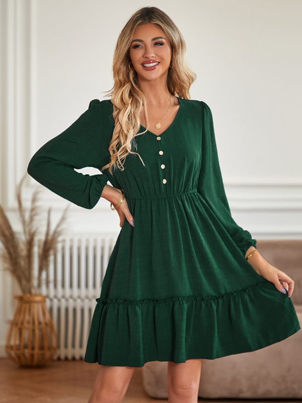 Casual Dresses- Solid Long Sleeve A-Line Dress with Gathered Waist- Olive green- Pekosa Women Clothing
