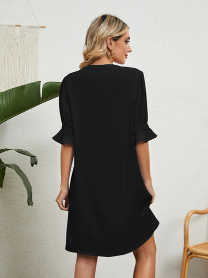 Casual Dresses- Solid Notch Neck Half Sleeve Loose Dress- - Pekosa Women Clothing