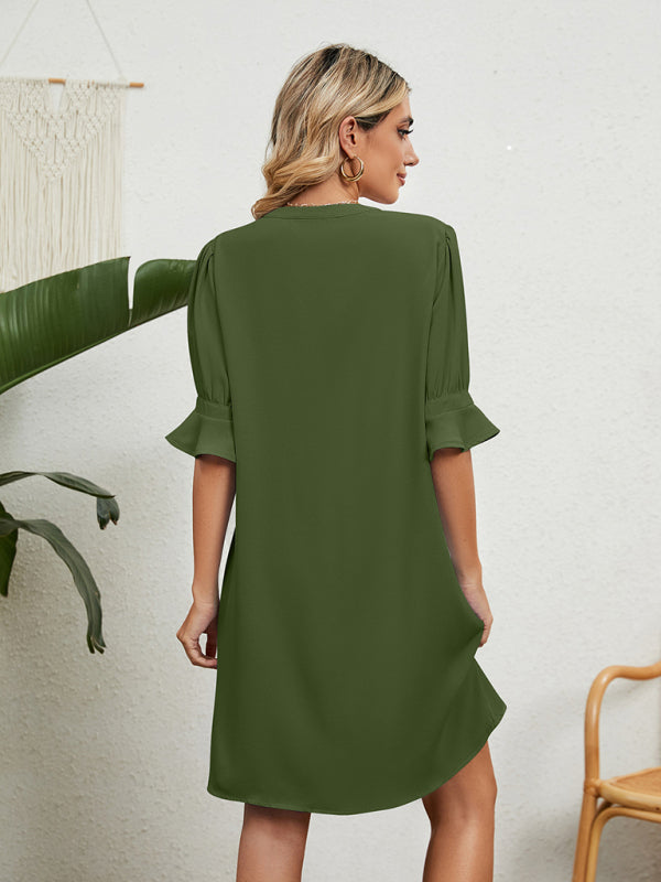 Casual Dresses- Solid Notch Neck Half Sleeve Loose Dress- - Pekosa Women Clothing