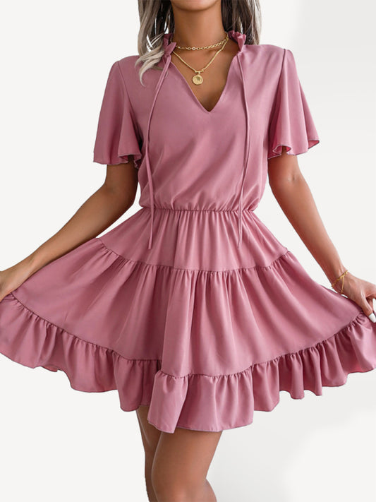 Casual Dresses- Solid Short Sleeve V-Neck A-Line Dress for Summer- Pink- Pekosa Women Clothing