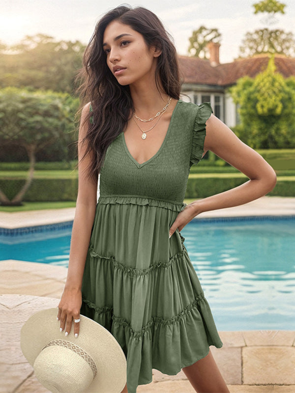 Casual Dresses- Solid Summer Dress with High Waist & Tiered Ruffles- - Pekosa Women Fashion