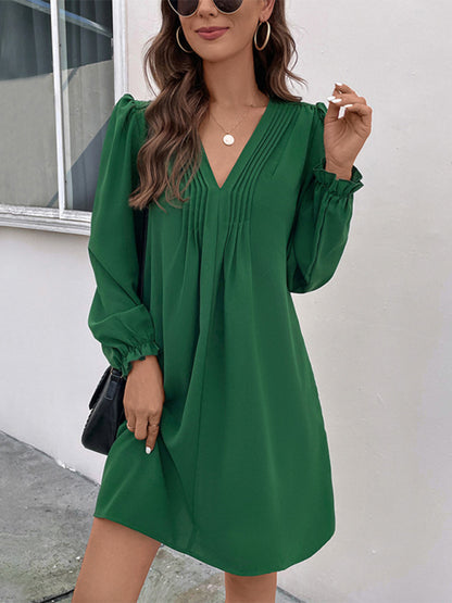 Casual Dresses- Solid V-Neck A-Line Dress with Long Sleeves- Green- Pekosa Women Clothing