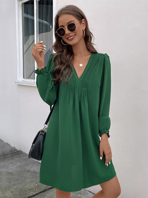 Casual Dresses- Solid V-Neck A-Line Dress with Long Sleeves- - Pekosa Women Clothing