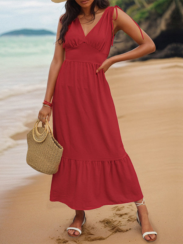 Casual Dresses- Solid V-Neck Sleeveless Midi Dress with Tie-Shoulders- Red- Pekosa Women Fashion