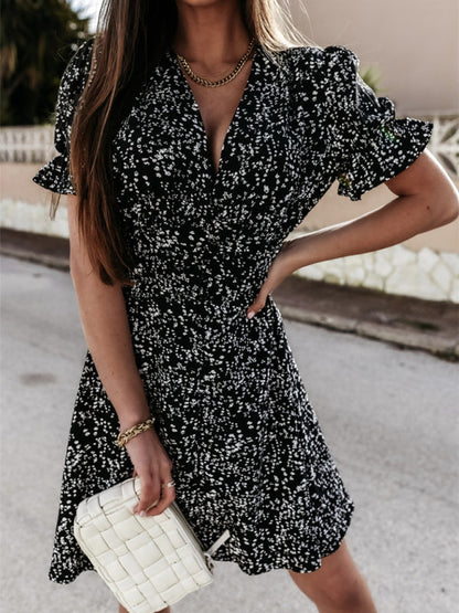 Casual Dresses- Summer Button-Up Puff Sleeve Mini Dress in Chips Print- Black- Pekosa Women Clothing