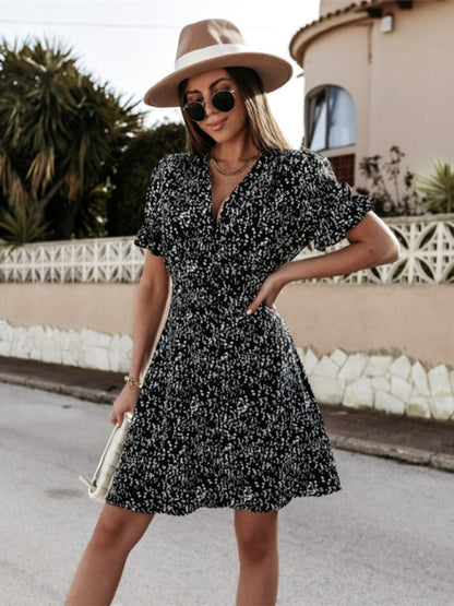 Casual Dresses- Summer Button-Up Puff Sleeve Mini Dress in Chips Print- - Pekosa Women Clothing