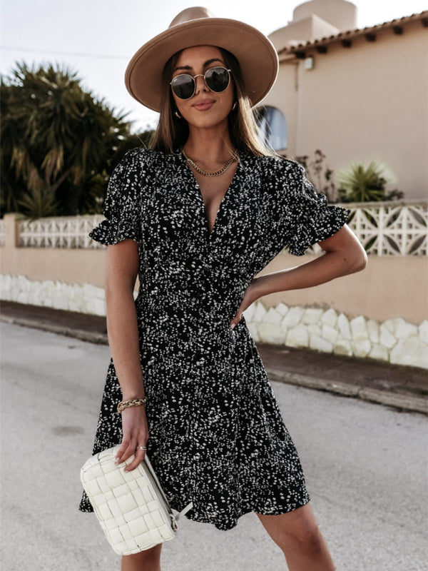 Casual Dresses- Summer Button-Up Puff Sleeve Mini Dress in Chips Print- - Pekosa Women Clothing