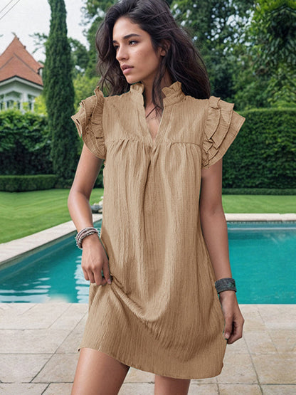 Casual Dresses- Summer Textured V-Neck Tunic Dress with Short Sleeves- Khaki- Pekosa Women Clothing