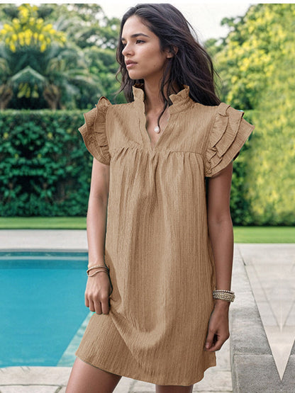 Casual Dresses- Summer Textured V-Neck Tunic Dress with Short Sleeves- - Pekosa Women Clothing