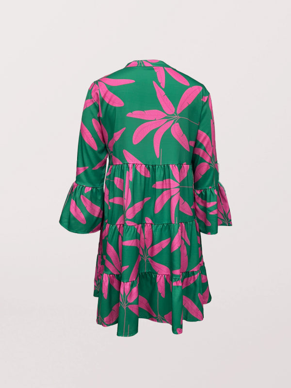 Casual Dresses- Tropical Print Tiered Flowy Tent Long Sleeve Dress- - Pekosa Women Clothing