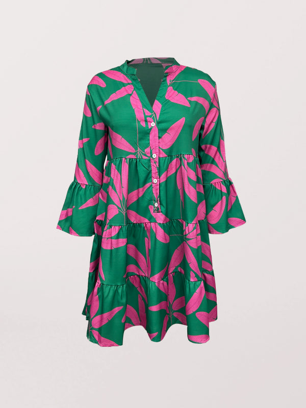 Casual Dresses- Tropical Print Tiered Flowy Tent Long Sleeve Dress- - Pekosa Women Clothing