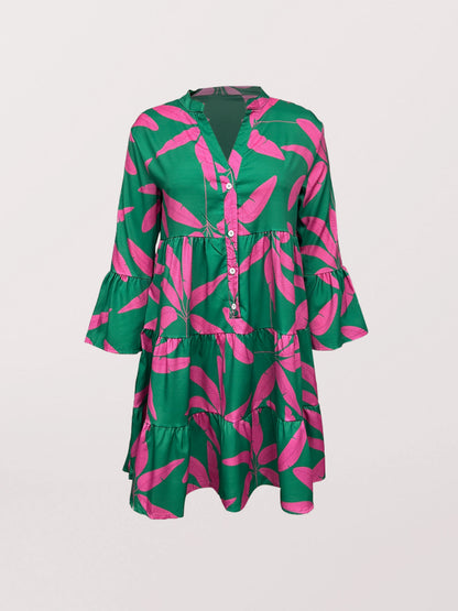 Casual Dresses- Tropical Print Tiered Flowy Tent Long Sleeve Dress- - Pekosa Women Clothing