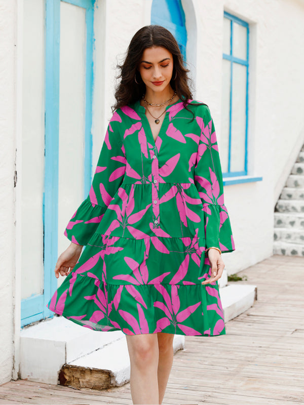 Casual Dresses- Tropical Print Tiered Flowy Tent Long Sleeve Dress- - Pekosa Women Clothing