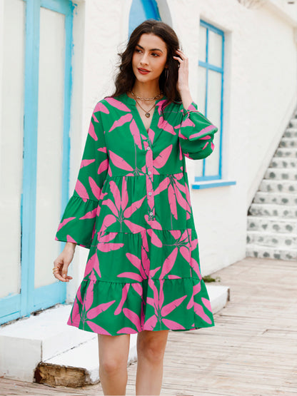 Casual Dresses- Tropical Print Tiered Flowy Tent Long Sleeve Dress- - Pekosa Women Clothing