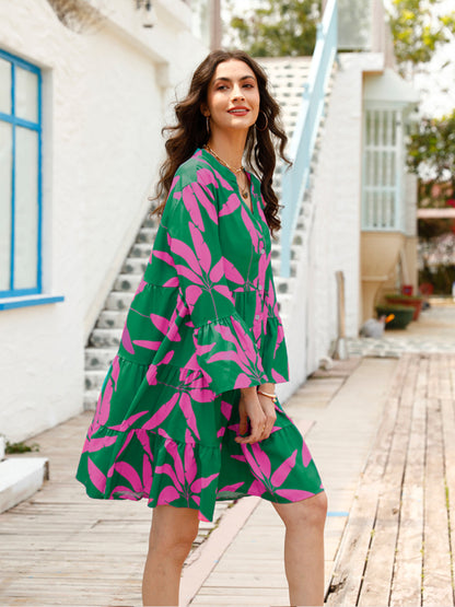 Casual Dresses- Tropical Print Tiered Flowy Tent Long Sleeve Dress- Green- Pekosa Women Clothing