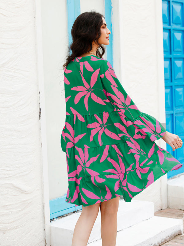 Casual Dresses- Tropical Print Tiered Flowy Tent Long Sleeve Dress- - Pekosa Women Clothing