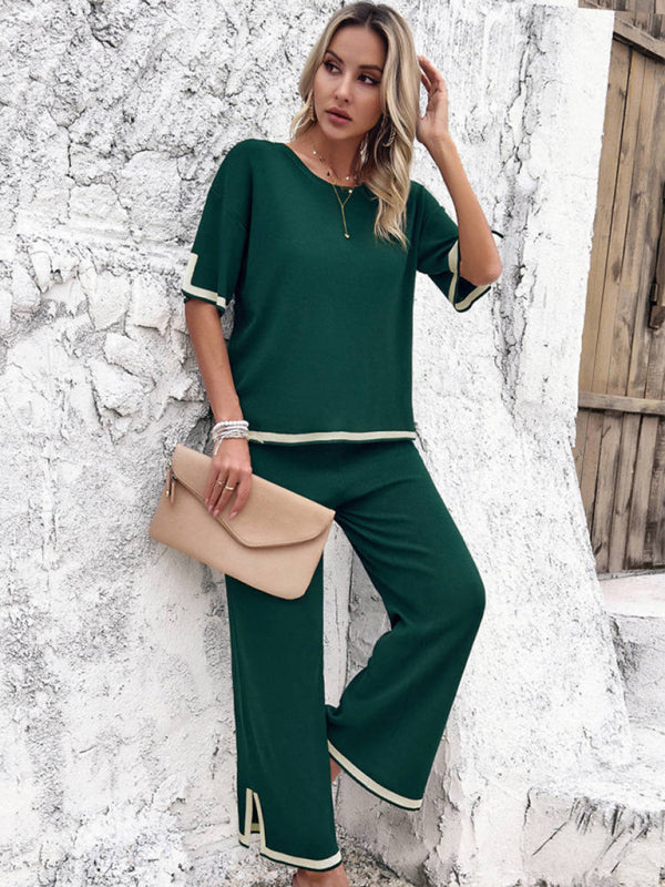 Casual Outfits- Contrast Binding 2-Piece Short Sleeve Pullover & Slit Pants- - Pekosa Women Clothing