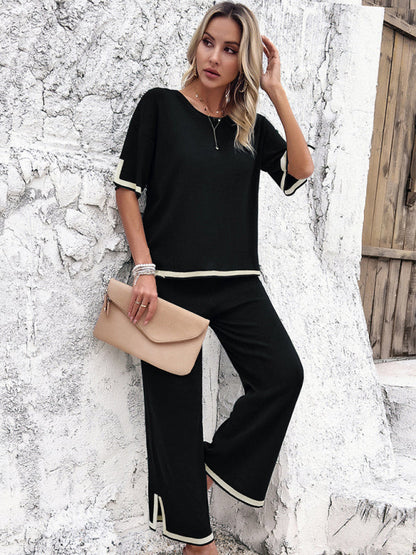 Casual Outfits- Contrast Binding 2-Piece Short Sleeve Pullover & Slit Pants- - Pekosa Women Clothing