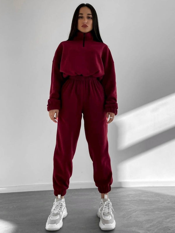 Casual Outfits- Laid-Back Sweatpants and Half Zip-Up Sweatshirt 2-Piece Lounge Sport- - Pekosa Women Clothing