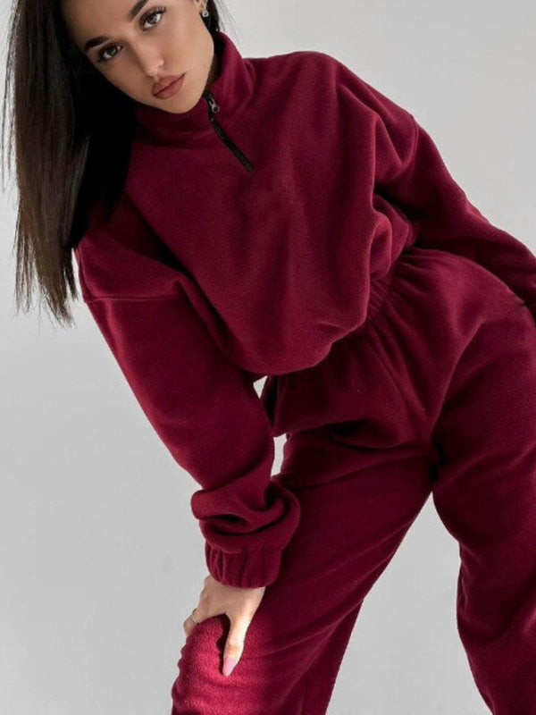 Casual Outfits- Laid-Back Sweatpants and Half Zip-Up Sweatshirt 2-Piece Lounge Sport- - Pekosa Women Clothing