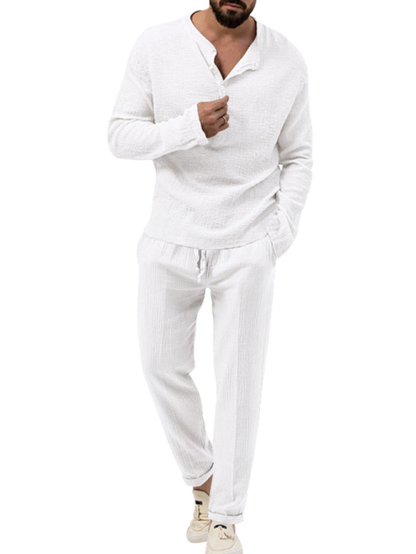 Casual Outfits- Men's Cotton Blend 2-Piece Casual Outfit - Long Sleeve T-Shirt and Pants- White- Pekosa Women Clothing