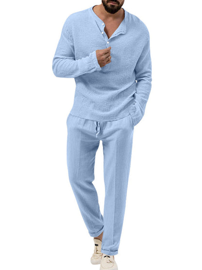 Casual Outfits- Men's Cotton Blend 2-Piece Casual Outfit - Long Sleeve T-Shirt and Pants- Clear blue- Pekosa Women Clothing