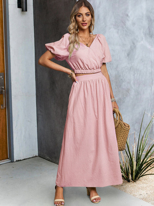 Casual Outfits- Solid Summer 2-Piece Set | Short Puff Sleeves Top & Maxi Skirt- Pink- Pekosa Women Clothing