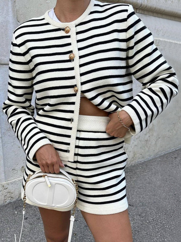 Casual Outfits- Striped Relaxing 2 Piece Outfit with Cardigan and Shorts- White- Pekosa Women Clothing