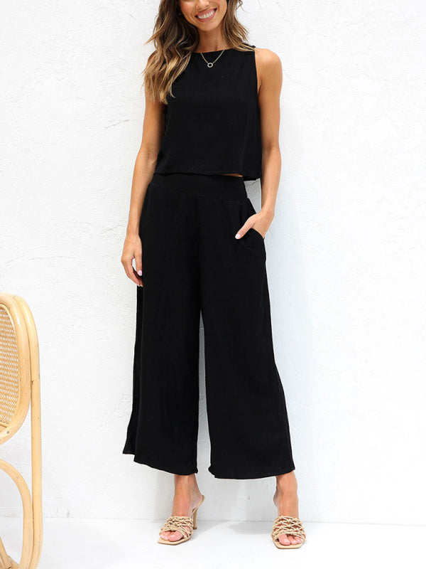 Casual Set Crop Top + Trousers- Cotton-Linen 2-Piece Vest + Trousers for a Relaxed Vacation Look- - Pekosa Women Clothing