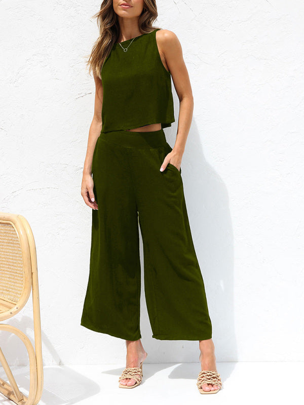 Casual Set Crop Top + Trousers- Cotton-Linen 2-Piece Vest + Trousers for a Relaxed Vacation Look- - Pekosa Women Clothing