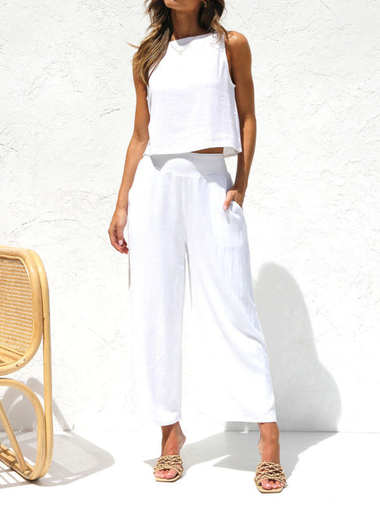 Casual Set Crop Top + Trousers- Cotton-Linen 2-Piece Vest + Trousers for a Relaxed Vacation Look- White- Pekosa Women Clothing