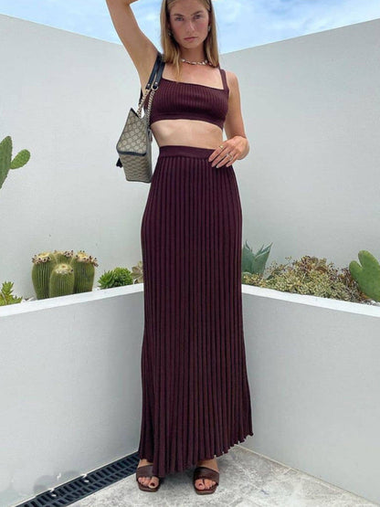 Casual Set- Solid Pleated Vacation Maxi Skirt & Cami Crop Top- Coffee- Pekosa Women Clothing