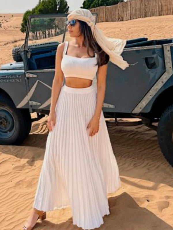 Casual Set- Solid Pleated Vacation Maxi Skirt & Cami Crop Top- - Pekosa Women Clothing