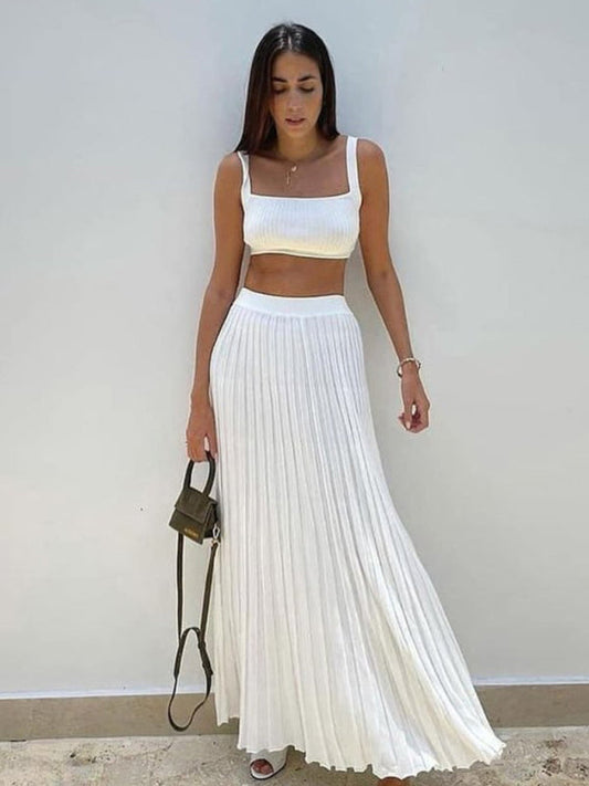 Casual Set- Solid Pleated Vacation Maxi Skirt & Cami Crop Top- White- Pekosa Women Clothing