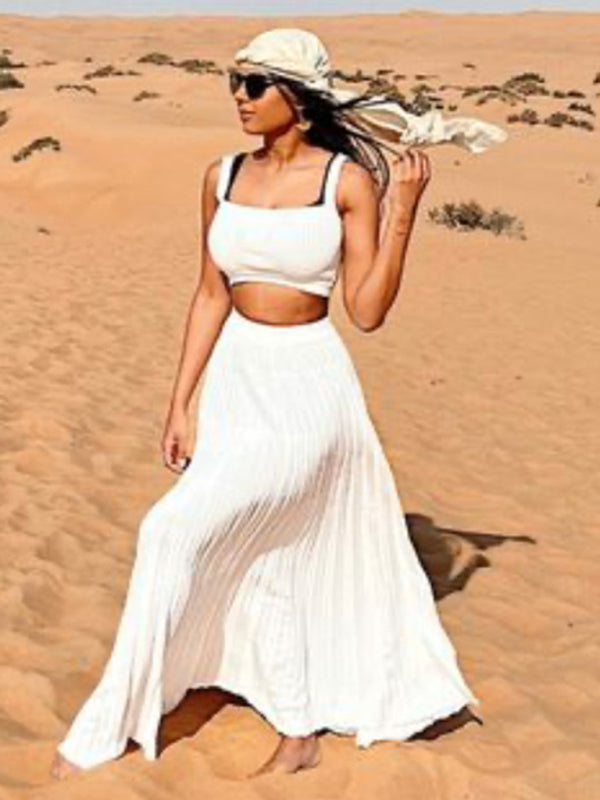 Casual Set- Solid Pleated Vacation Maxi Skirt & Cami Crop Top- - Pekosa Women Clothing