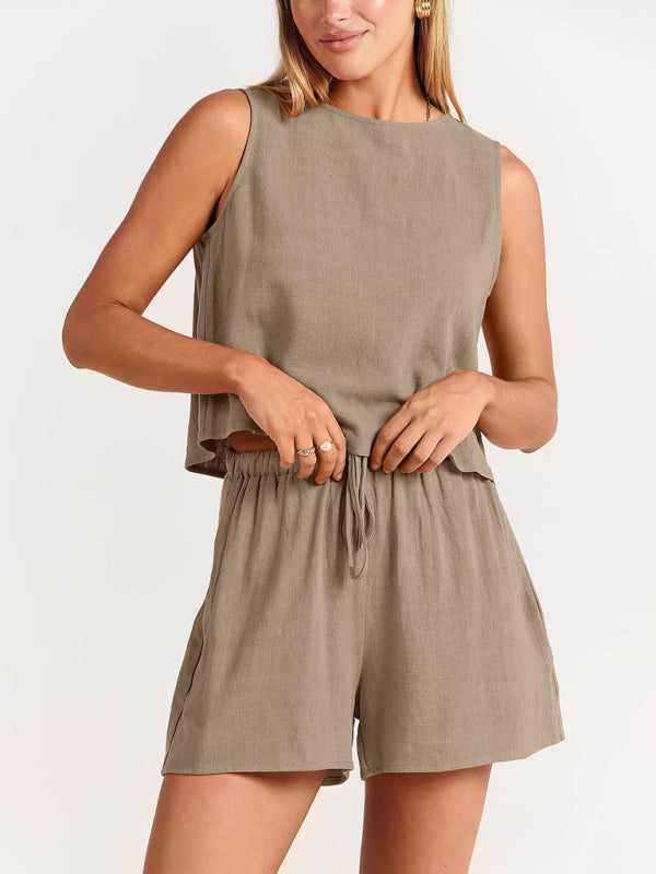 Casual Set Tank Top+ Shorts- Cotton-Linen 2-Piece Set for Women - Tank Top and Shorts- Khaki- Pekosa Women Clothing