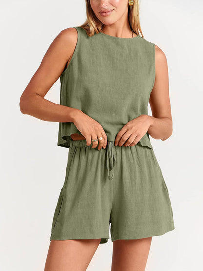 Casual Set Tank Top+ Shorts- Cotton-Linen 2-Piece Set for Women - Tank Top and Shorts- Olive green- Pekosa Women Clothing