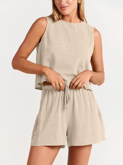 Casual Set Tank Top+ Shorts- Cotton-Linen 2-Piece Set for Women - Tank Top and Shorts- Beige khaki- Pekosa Women Clothing