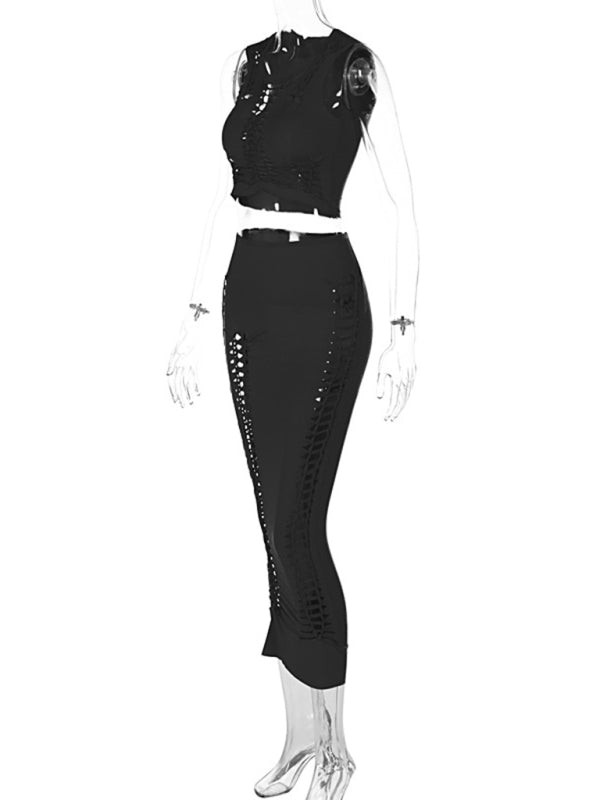 Casual Set Top + Pencil Skirt- Body-Hugging Full Cut Out Bodycon Outfit Crop Top and Pencil Midi Skirt- - Pekosa Women Clothing