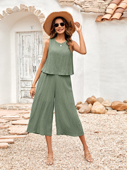 Casual Set Top + Trousers- Textured 2-Piece Loose Wide-Leg Capri Culottes + Tank Top- Green- Pekosa Women Clothing