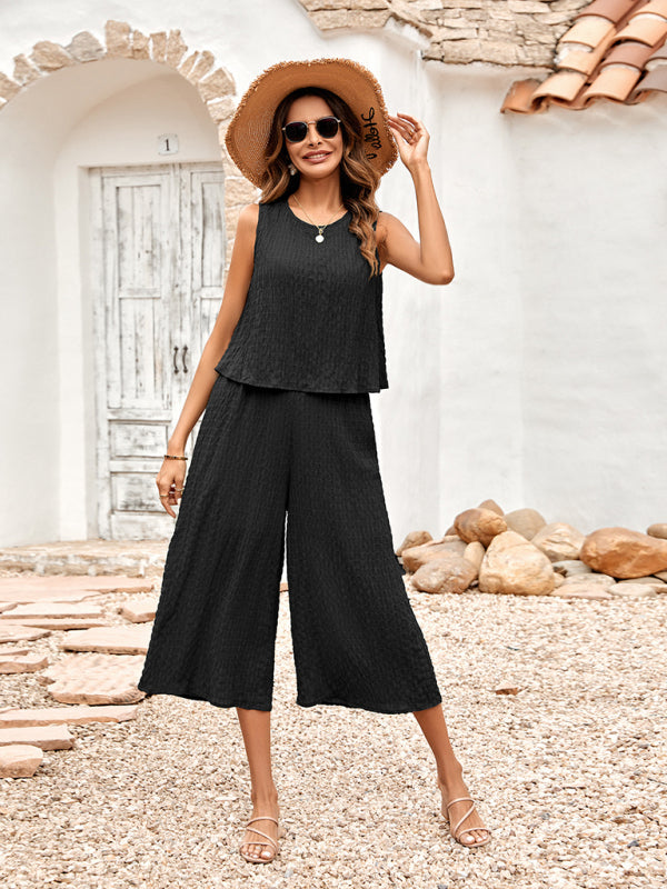 Casual Set Top + Trousers- Textured 2-Piece Loose Wide-Leg Capri Culottes + Tank Top- Black- Pekosa Women Clothing